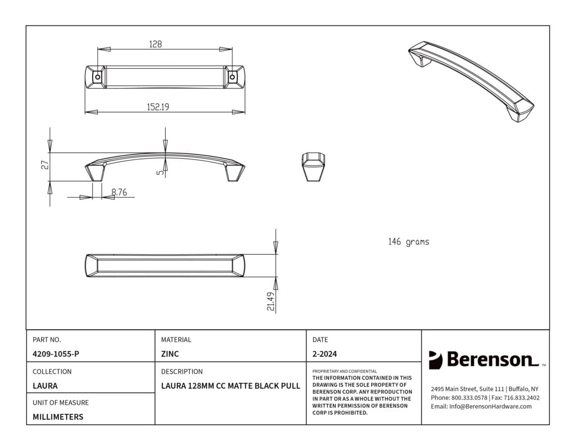 Berenson Laura 5-1/16" (128 mm) Center to Center Matte Black Pull, 4209-1055-P