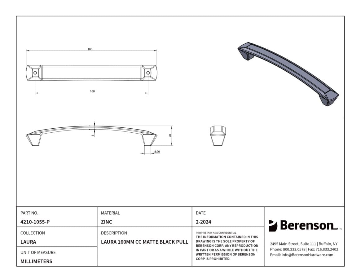 Berenson Laura 6-5/16" (160 mm) Center to Center Matte Black Pull, 4210-1055-P