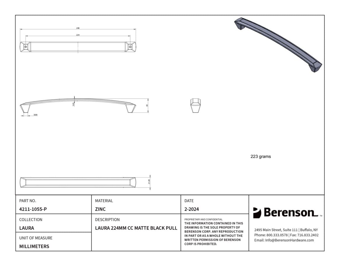 Berenson Laura 8-13/16" (224 mm) Center to Center Matte Black Pull, 4211-1055-P