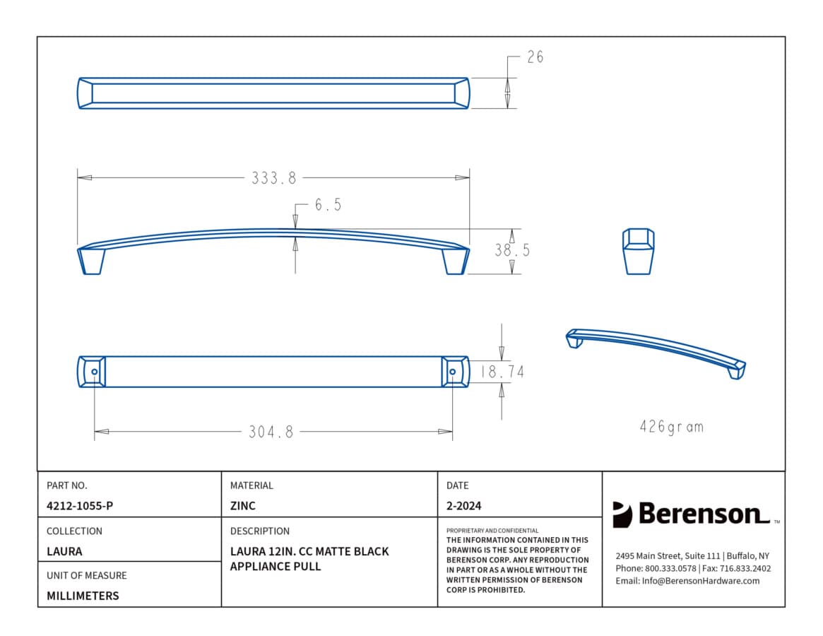 Berenson Laura 12" (305 mm) Center to Center Matte Black Pull, 4212-1055-P