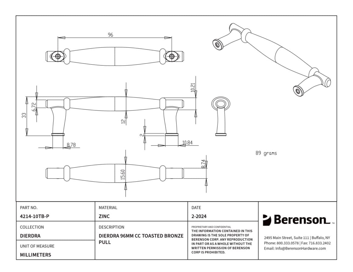 Berenson Dierdra 3-3/4" (95 mm) Center to Center Pull, 4214-10TB-P