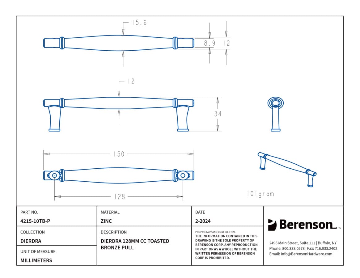 Berenson Dierdra 3-3/4" (95 mm) Center to Center Pull, 4215-10TB-P