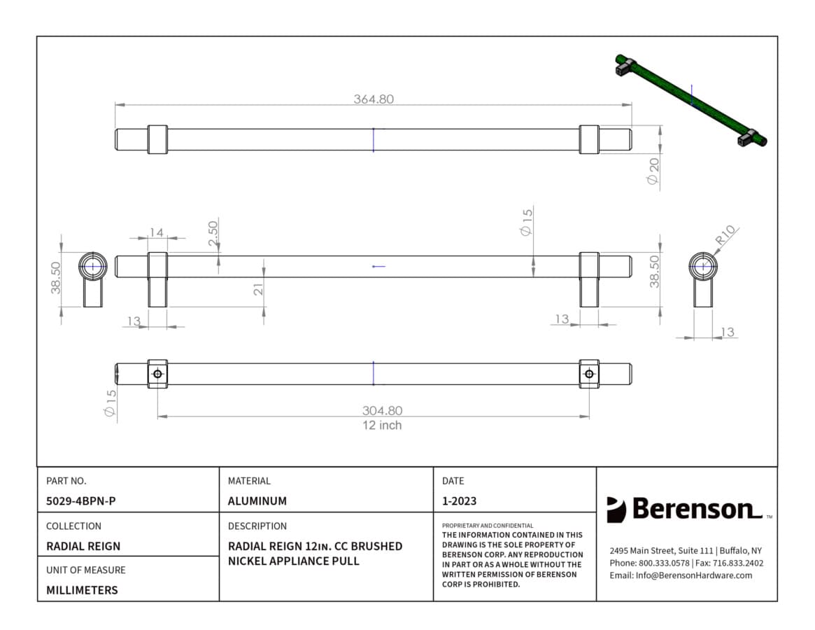 Berenson Radial Reign Brushed Nickel 12" (305 mm) Center to Center Appliance Pull, 5029-4BPN-P