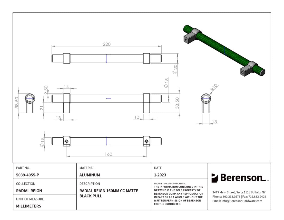 Berenson Radial Reign 6-5/16" (160 mm) Center to Center Matte Black Pull, 5039-4055-P