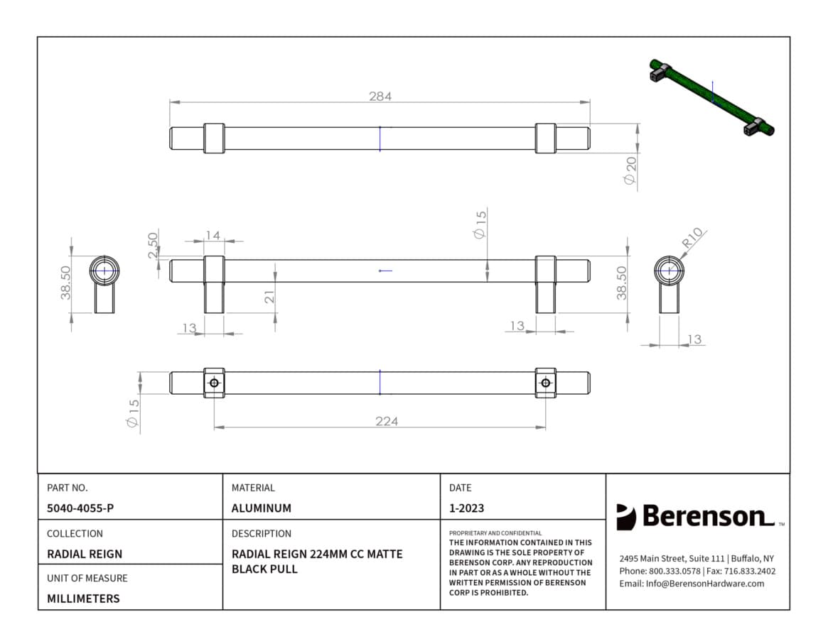 Berenson Radial Reign 8-13/16" (224 mm) Center to Center Matte Black Pull, 5040-4055-P