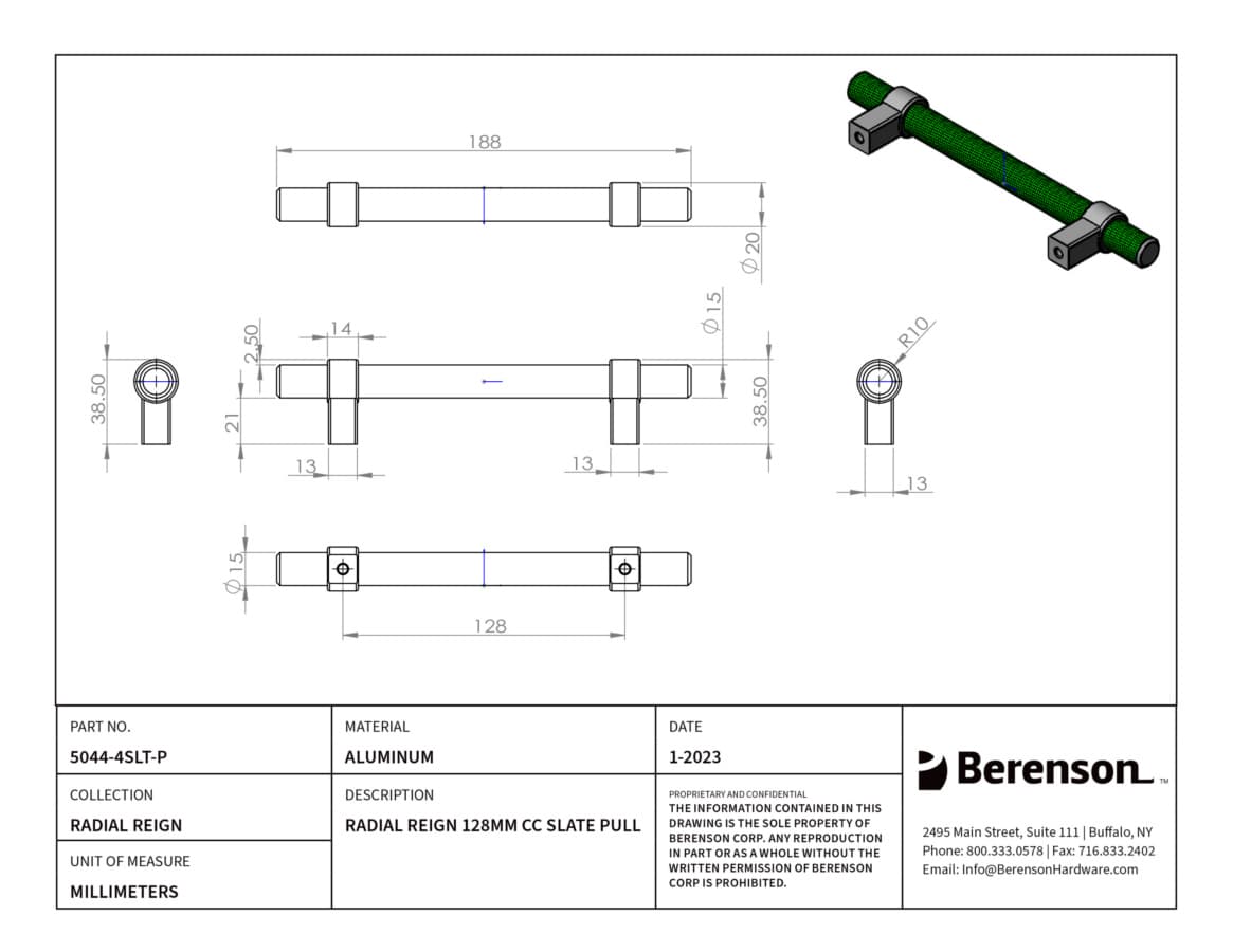Berenson Radial Reign 5-1/16" (128 mm) Center to Center Slate Pull, 5044-4SLT-P