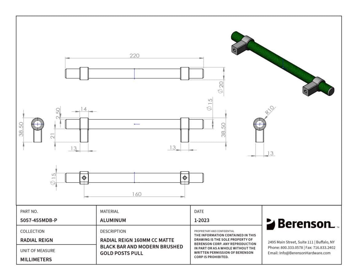 Berenson Radial Reign 6-5/16" (160 mm) Center to Center Matte Black/Modern Brushed Gold Pull, 5057-455MDB-P