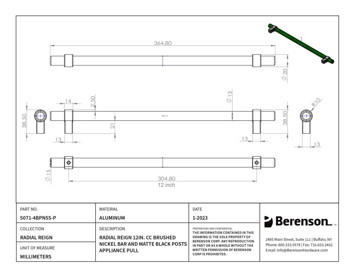 Berenson Radial Reign Brushed Nickel/Matte Black 12" (305 mm) Center to Center Appliance Pull, 5071-4BPN55-P