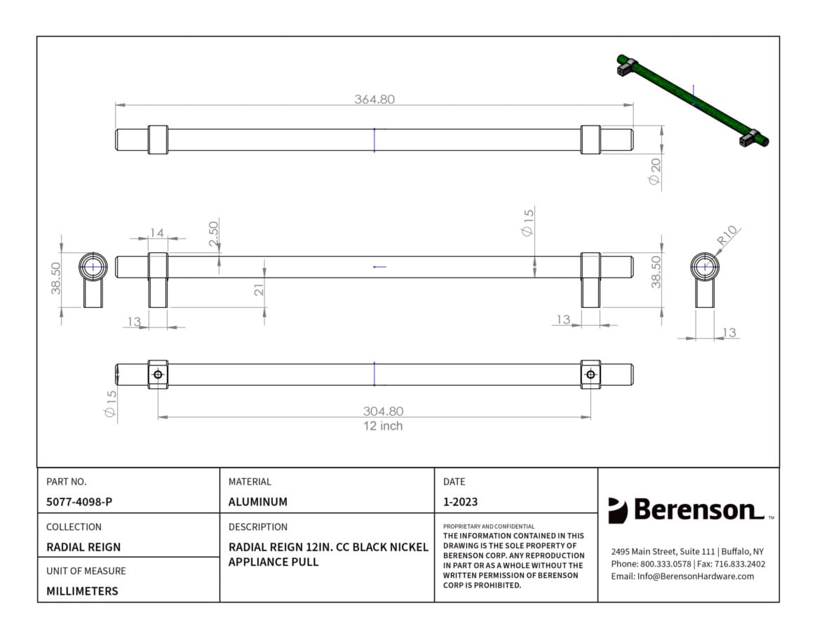 Berenson Radial Reign Black Nickel 12" (305 mm) Center to Center Appliance Pull, 5077-4098-P