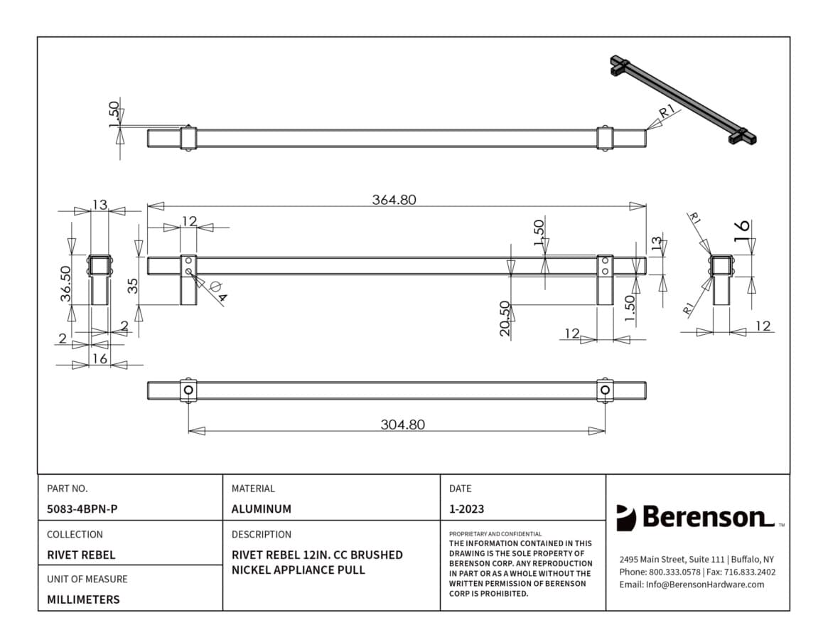 Berenson Rivet Rebel Brushed Nickel 12" (305 mm) Center to Center Appliance Pull, 5083-4BPN-P