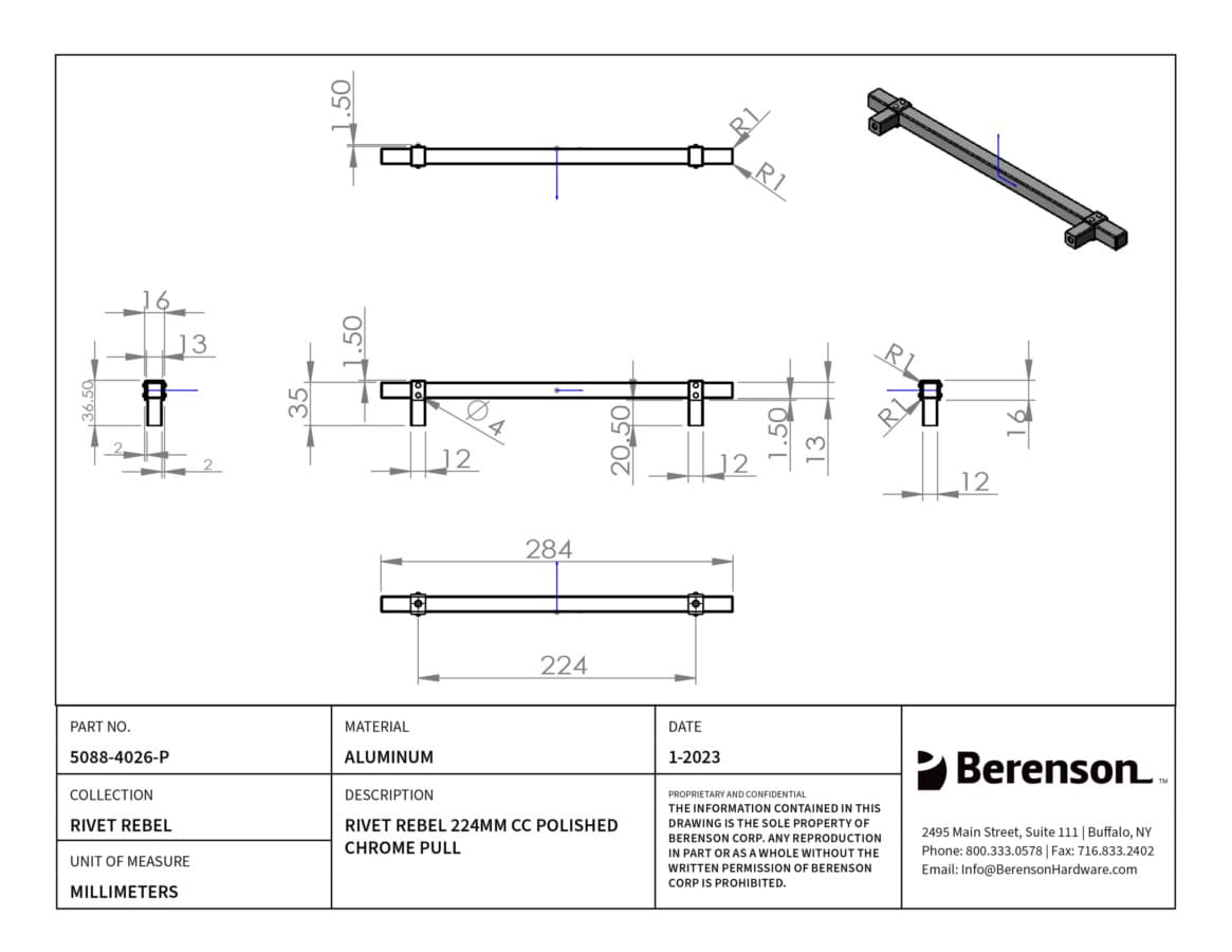 Berenson Rivet Rebel 8-13/16" (224 mm) Center to Center Polished Chrome Pull, 5088-4026-P