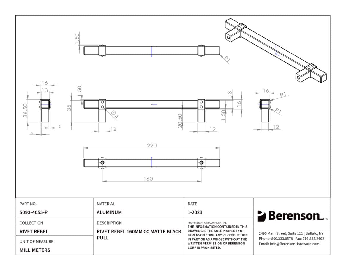 Berenson Rivet Rebel 6-5/16" (160 mm) Center to Center Matte Black Pull, 5093-4055-P