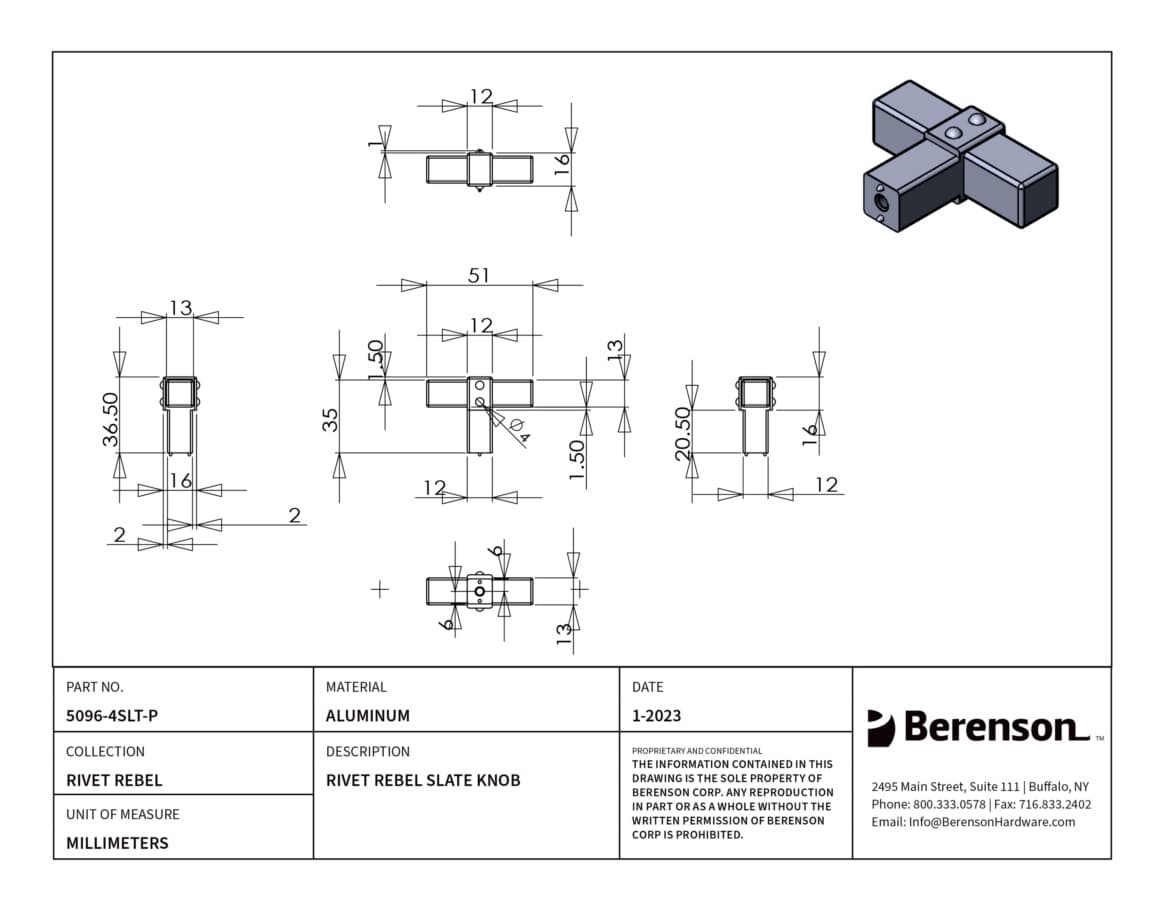 Berenson Rivet Rebel Slate 2" (51 mm) L x 23/32" (18 mm) W Knob, 5096-4SLT-P