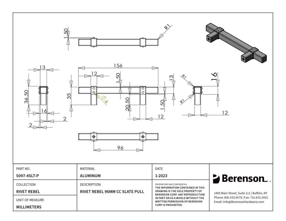Berenson Rivet Rebel 3-3/4" (96 mm) Center to Center Slate Pull, 5097-4SLT-P