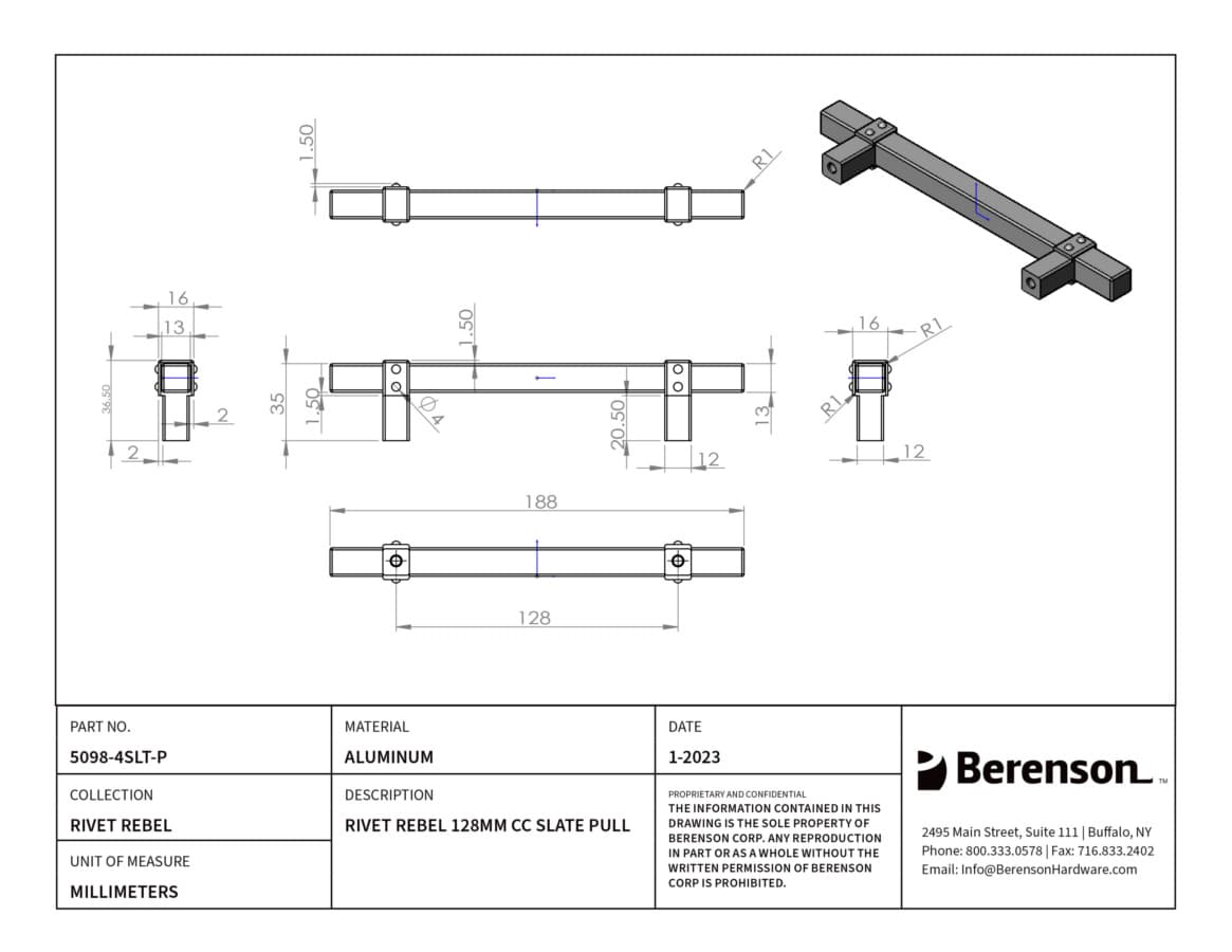 Berenson Rivet Rebel 5-1/16" (128 mm) Center to Center Slate Pull, 5098-4SLT-P