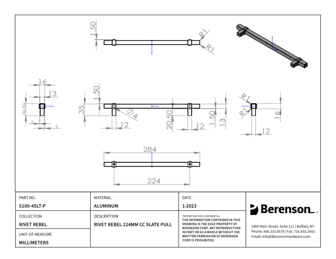 Berenson Rivet Rebel 8-13/16" (224 mm) Center to Center Slate Pull, 5100-4SLT-P