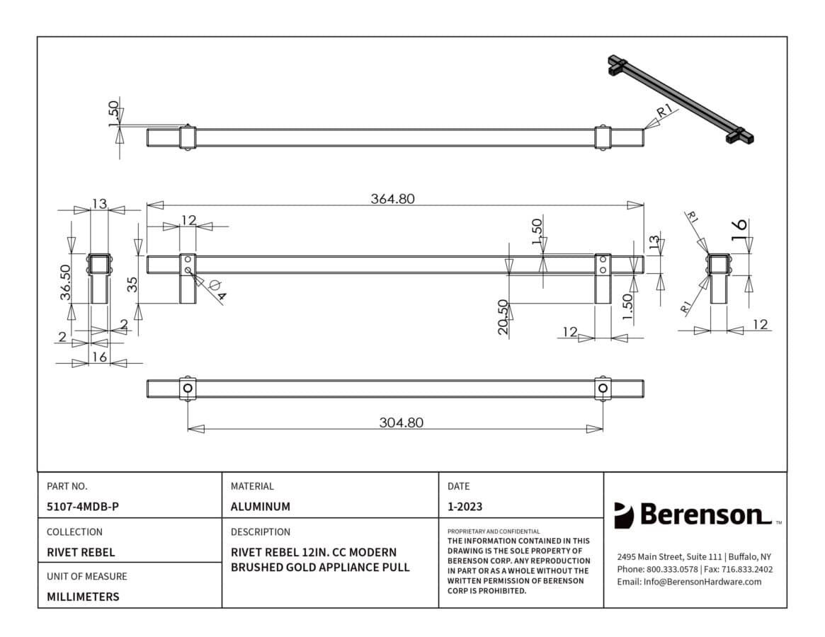 Berenson Rivet Rebel Modern Brushed Gold 12" (305 mm) Center to Center Appliance Pull, 5107-4MDB-P