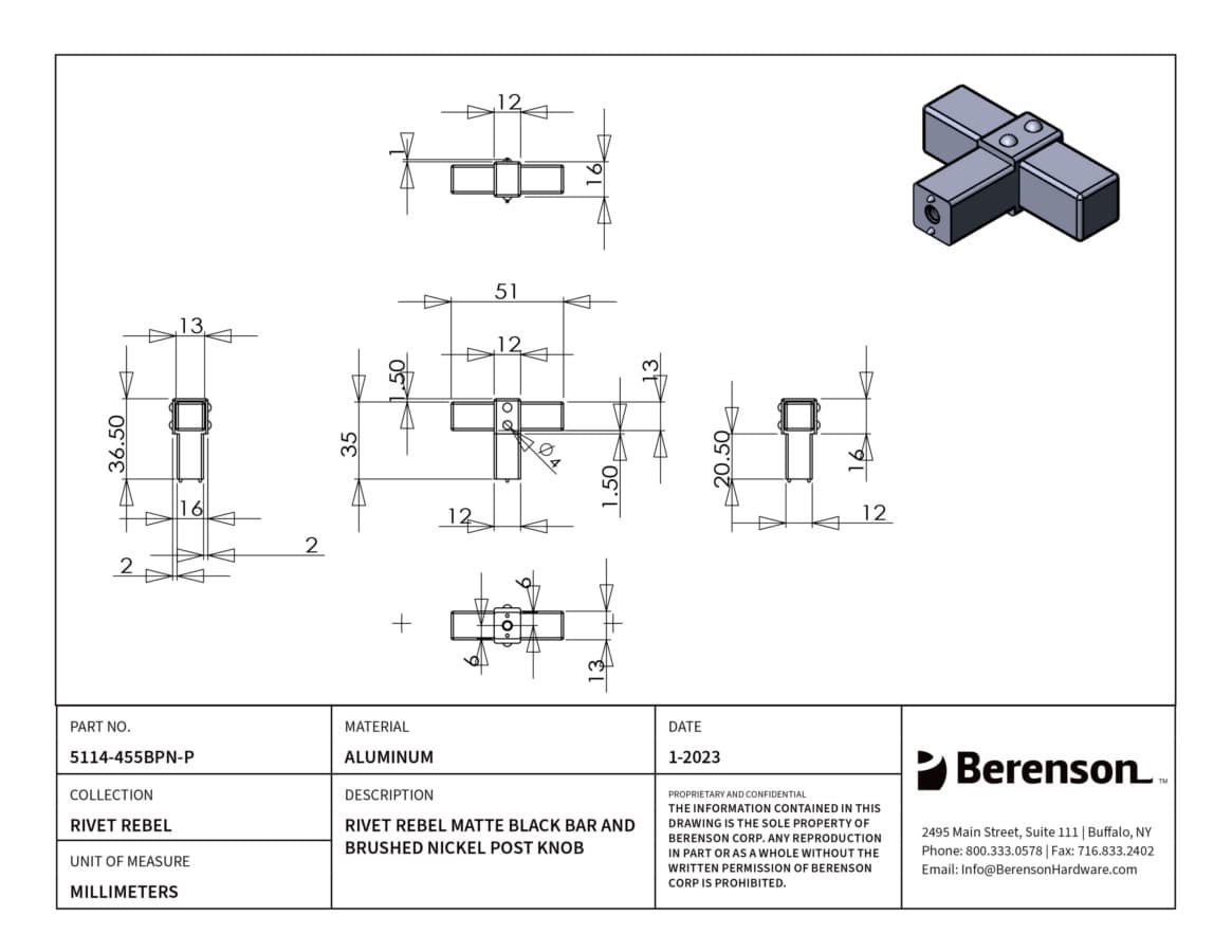 Berenson Rivet Rebel Matte Black/Brushed Nickel 2" (51 mm) L x 23/32" (18 mm) W Knob, 5114-455BPN-P