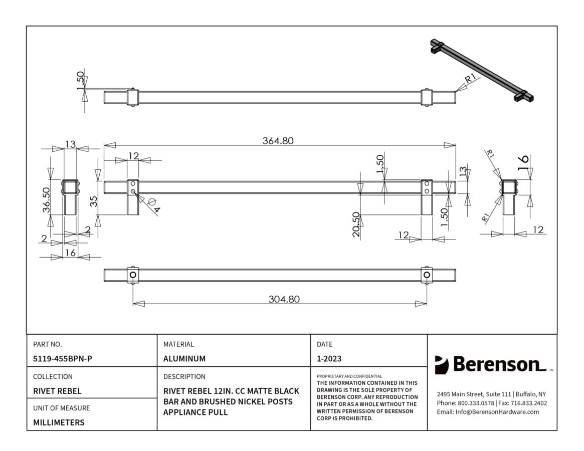 Berenson Rivet Rebel Matte Black/Brushed Nickel 12" (305 mm) Center to Center Appliance Pull, 5119-455BPN-P