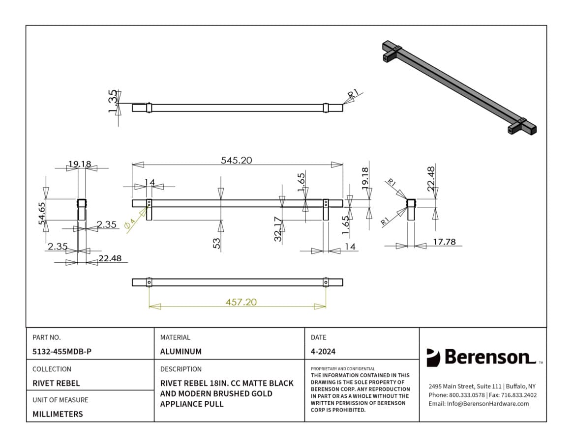 Berenson Rivet Rebel Series Matte Black/Modern Brushed Gold 18" (457 mm) Center to Center Appliance Pull, 5132-455MDB-P
