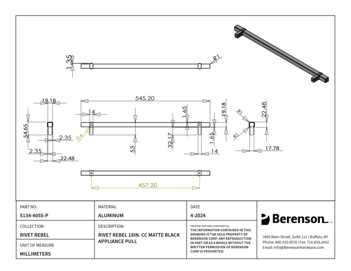 Berenson Rivet Rebel Series Matte Black 18" (457 mm) Center to Center Appliance Pull, 5134-4055-P