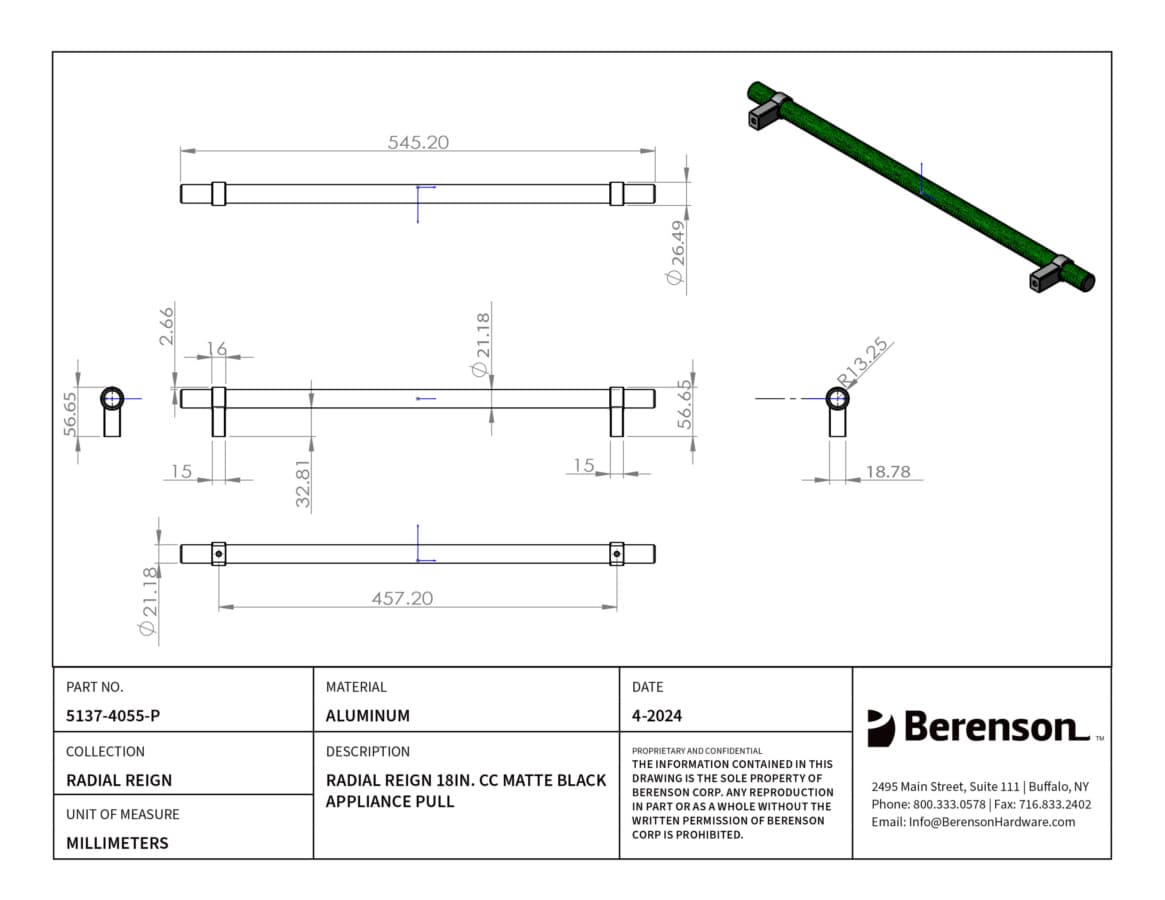 Berenson 18" Radial Reign Appliance Pull, Matte Black