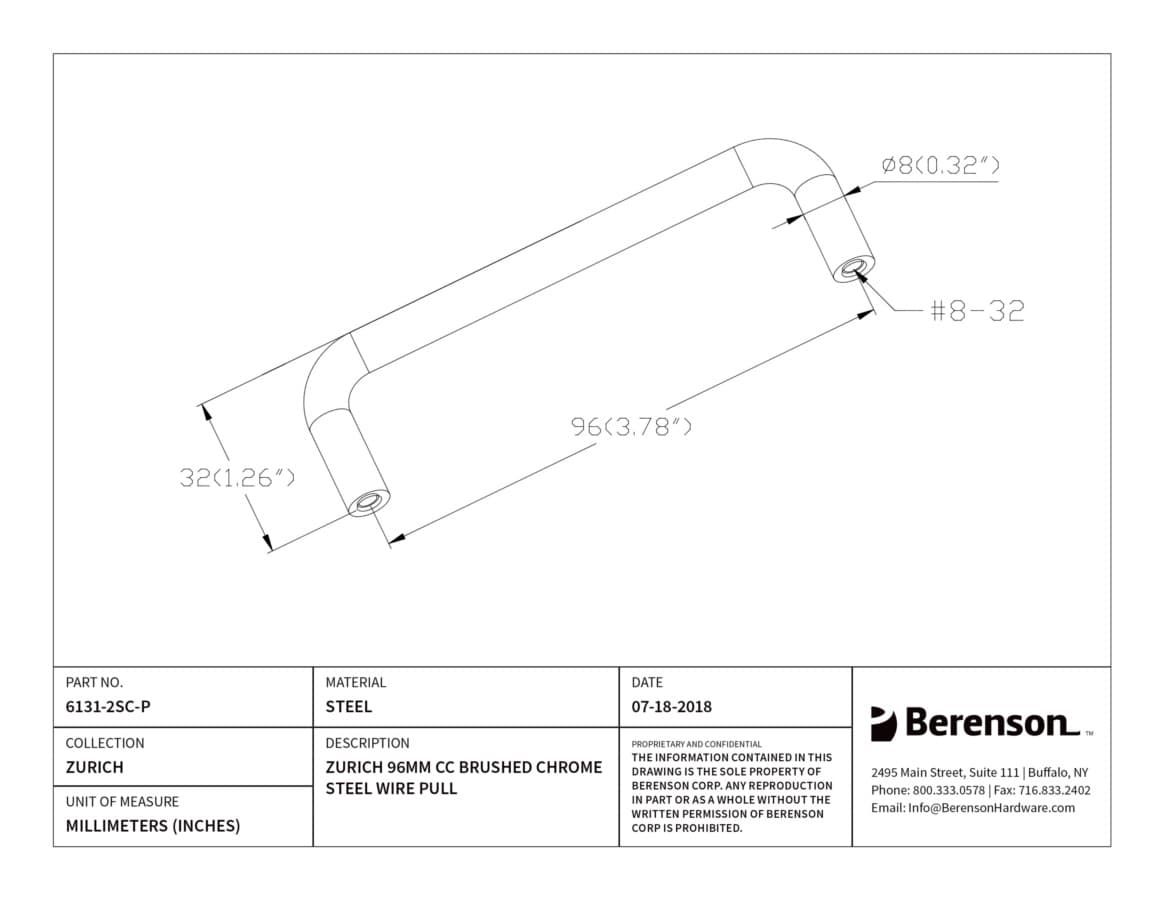 Berenson ZZ 3-3/4" (95 mm) Center to Center Brushed Chrome Pull, 6131-2SC-P