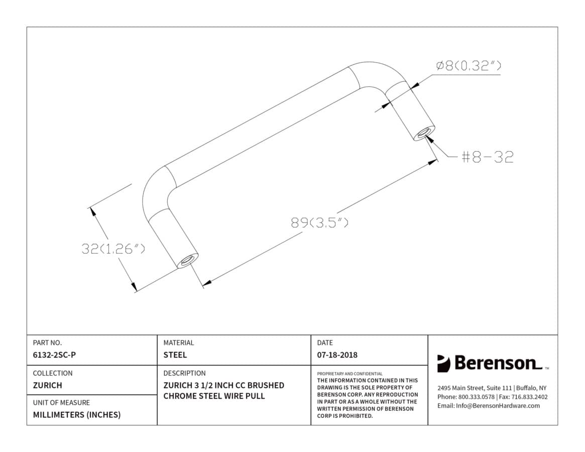 Berenson Zurich 3-1/2" (89 mm) Center to Center Brushed Chrome Pull, 6132-2SC-P