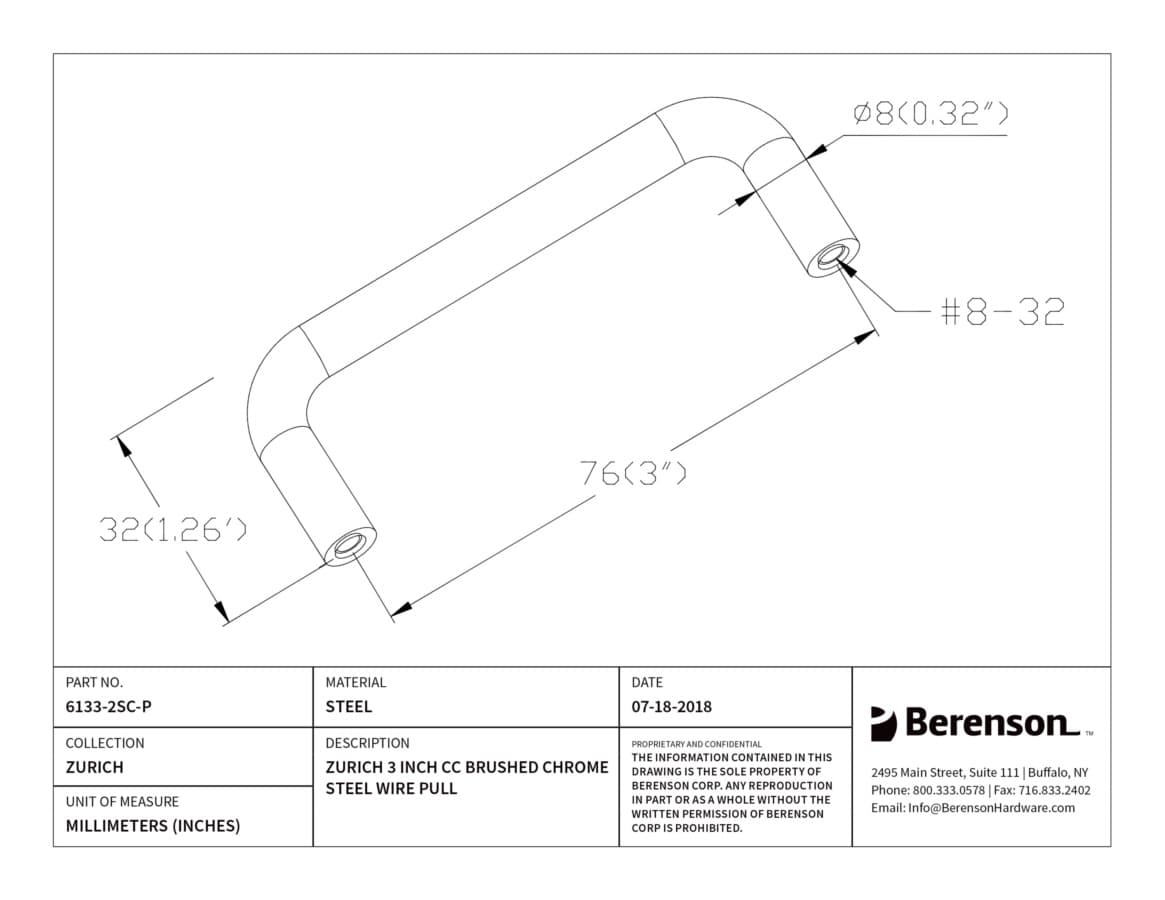 Berenson ZZ 3" (76 mm) Center to Center Brushed Chrome Pull, 6133-2SC-P