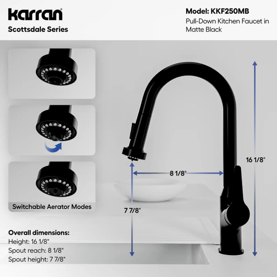 Karran Scottsdale Matte Black Single Handle Pull-Down Dual Function Kitchen Faucet, 1.8GPM, 360 Degree, ADA Compliant, KKF250MB, detail 6