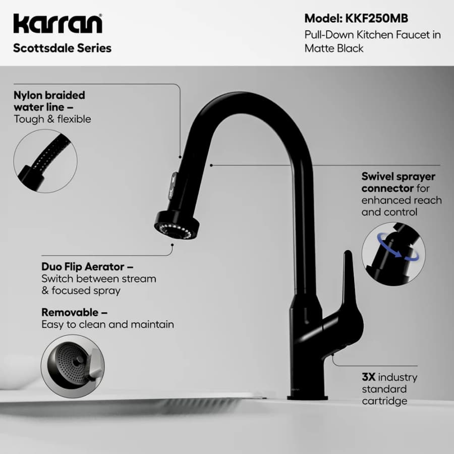 Karran Scottsdale Matte Black Single Handle Pull-Down Dual Function Kitchen Faucet, 1.8GPM, 360 Degree, ADA Compliant, KKF250MB, detail 4