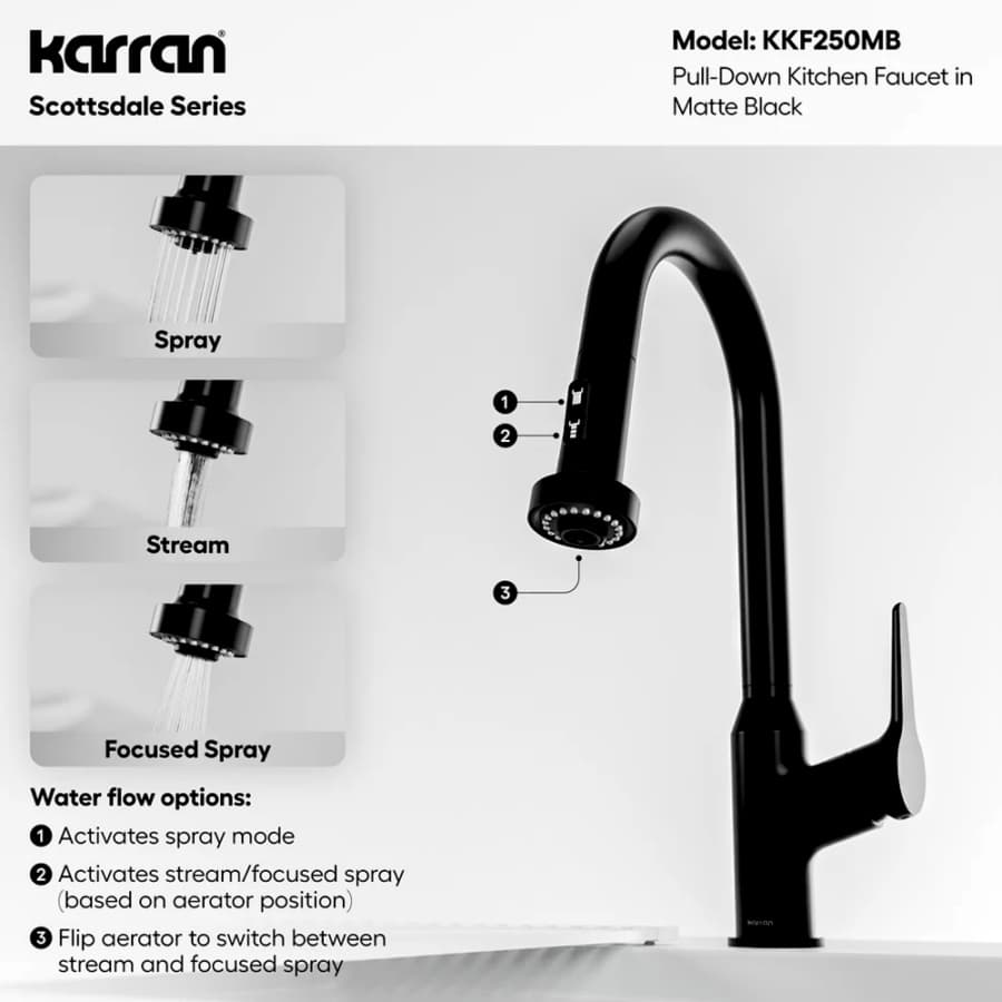 Karran Scottsdale Matte Black Single Handle Pull-Down Dual Function Kitchen Faucet, 1.8GPM, 360 Degree, ADA Compliant, KKF250MB, detail 5