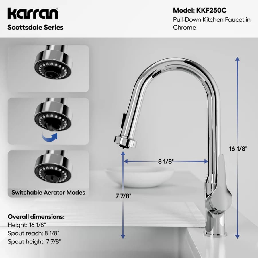 Karran Scottsdale Chrome Single Handle Pull-Down Dual Function Kitchen Faucet, 1.8GPM, 360 Degree, ADA Compliant, KKF250C, detail 6