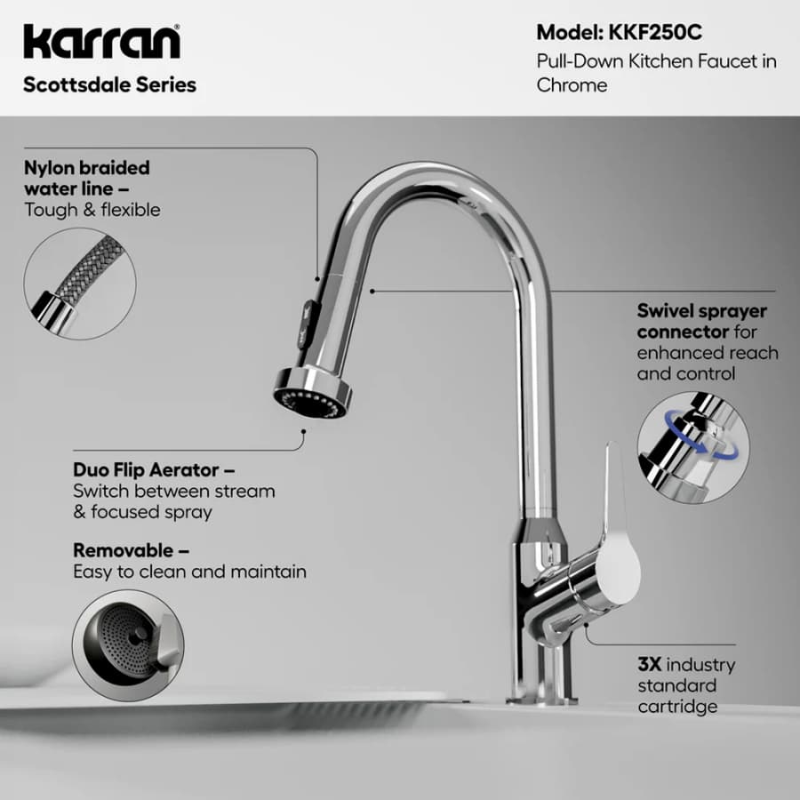 Karran Scottsdale Chrome Single Handle Pull-Down Dual Function Kitchen Faucet, 1.8GPM, 360 Degree, ADA Compliant, KKF250C, detail 4