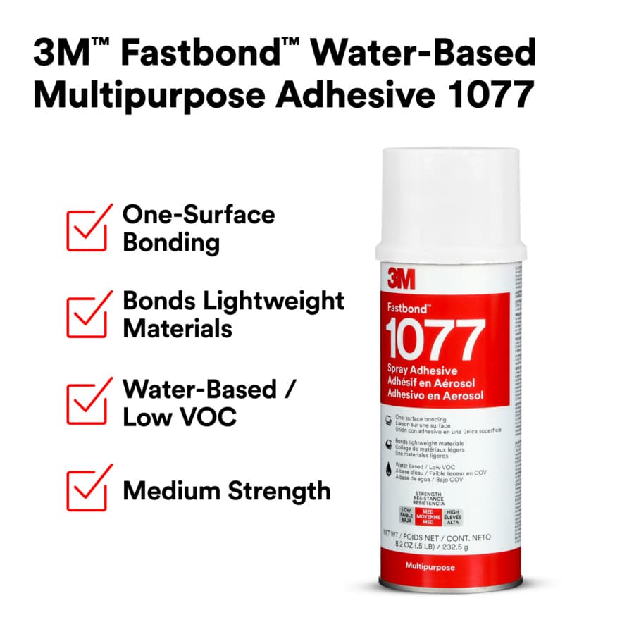 1077 Fastbond™ Multipurpose Adhesive, Water Based, Low VOC, Clear, 8.2 oz Aerosol Canister, detail 9