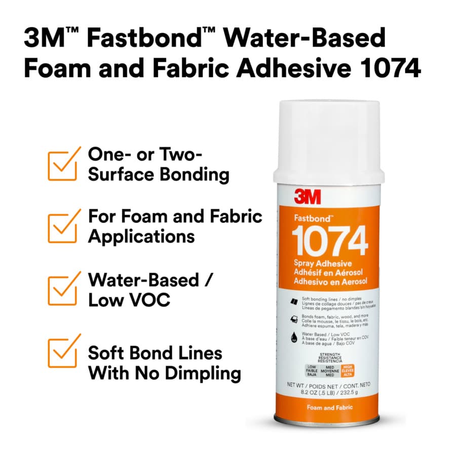 1074 Foam and Fabric Adhesive, Water Based, Low VOC, Clear, 8.2 oz Aerosol Canister, detail 8