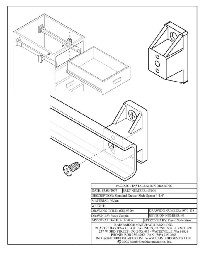 Bainbridge Drawer Slide Spacer, 1-1/4", White, installation
