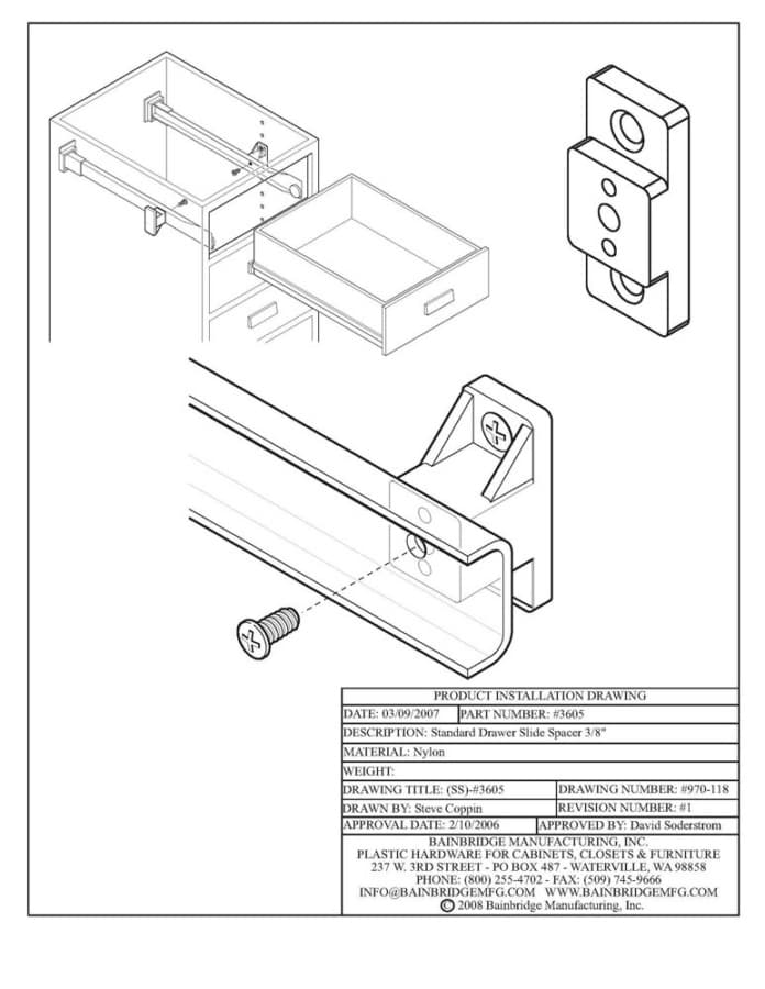 Bainbridge Drawer Slide Spacer, 3/8", Almond, 50/Box, installation