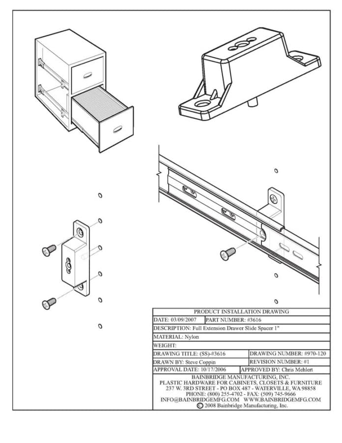 Bainbridge Drawer Slide Spacer, 1", White, 50/Box, installation