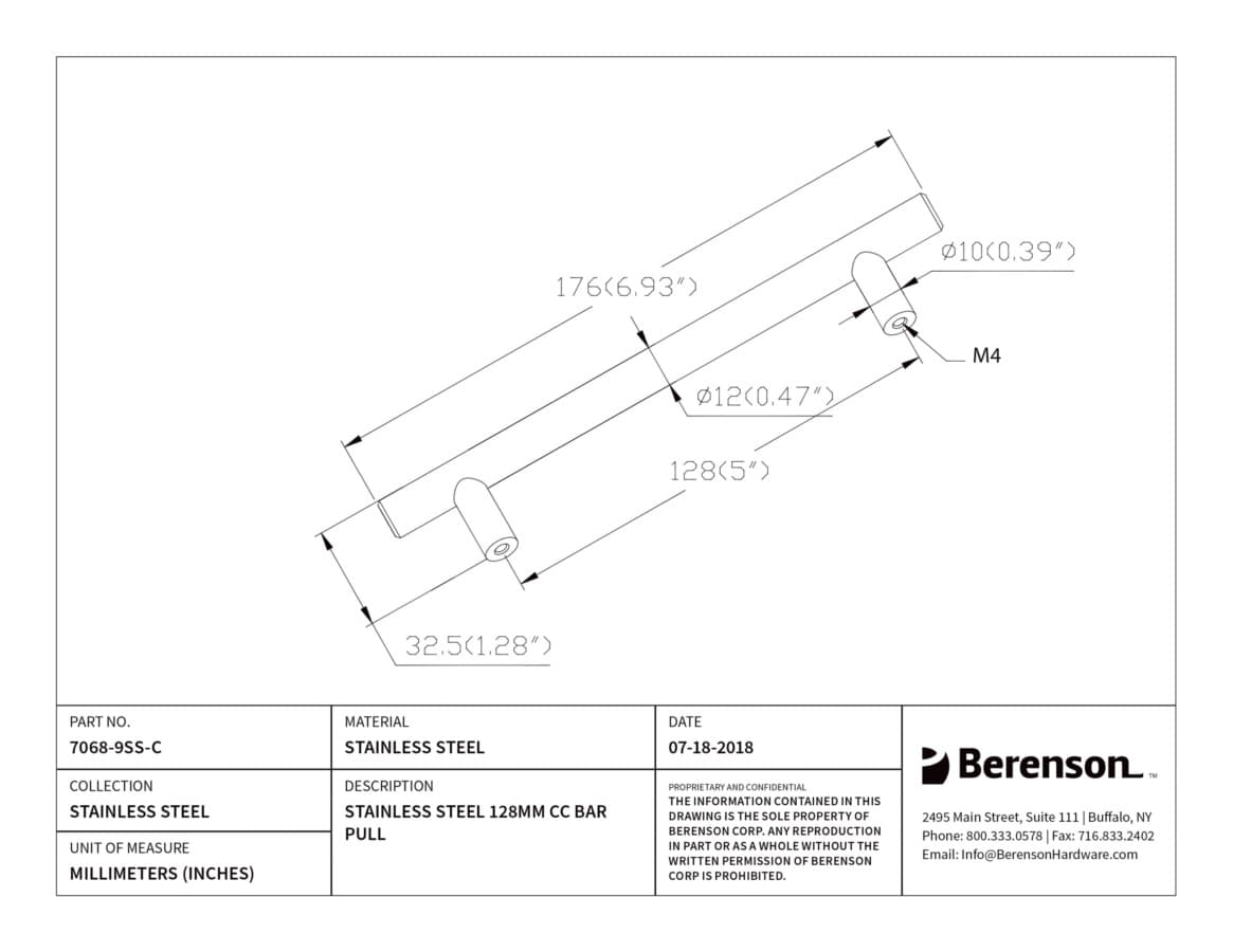 Berenson Stainless Steel 5-1/16" (128 mm) Center to Center Stainless Steel Pull, 7068-9SS-C