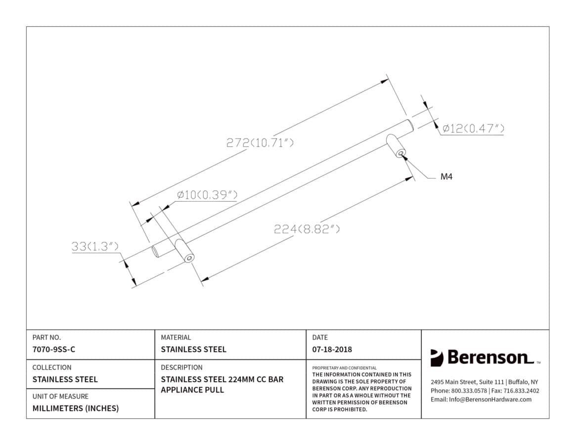 Berenson Stainless Steel 8-13/16" (224 mm) Center to Center Stainless Steel Pull, 7070-9SS-C