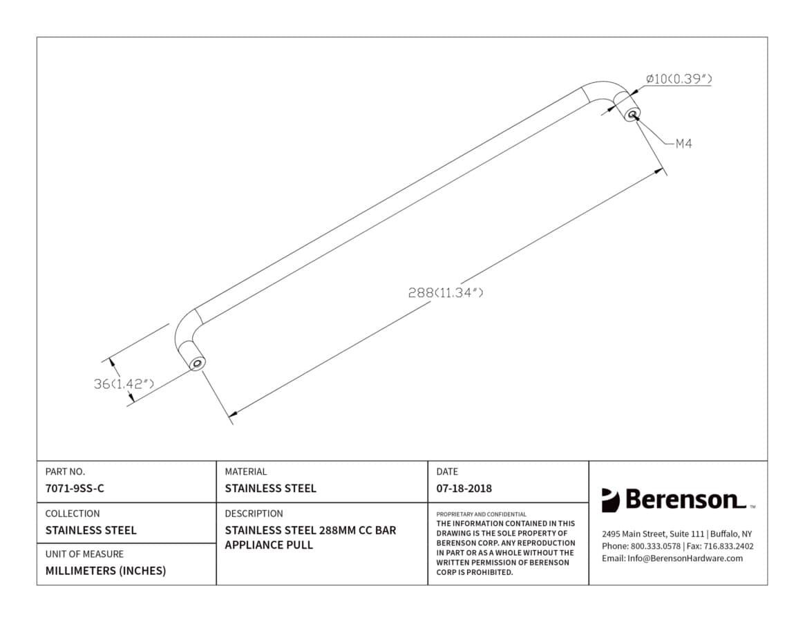 Berenson Stainless Steel 11-5/16" (287 mm) Center to Center Stainless Steel Pull, 7071-9SS-C