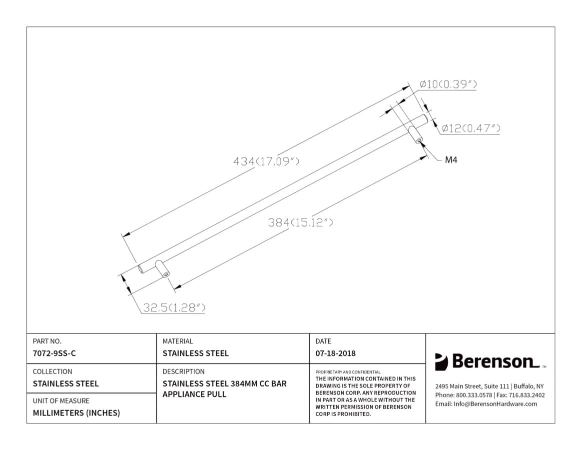 Berenson Stainless Steel 15-1/8" (384 mm) Center to Center Stainless Steel Pull, 7072-9SS-C