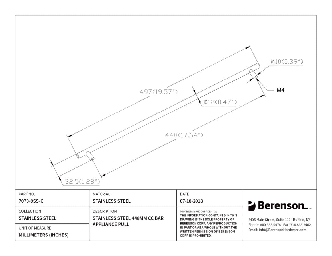 Berenson Stainless Steel 17-5/8" (448 mm) Center to Center Stainless Steel Pull, 7073-9SS-C