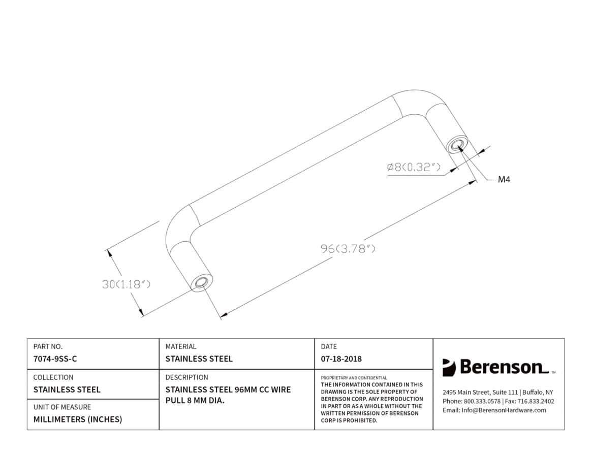 Berenson Stainless Steel 3-3/4" (95 mm) Center to Center Stainless Steel Pull, 7074-9SS-C