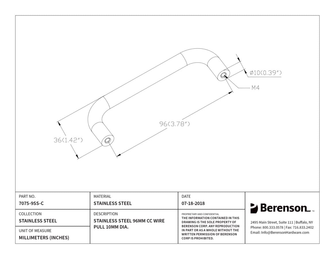 Berenson Stainless Steel 3-3/4" (95 mm) Center to Center Stainless Steel Pull, 7075-9SS-C