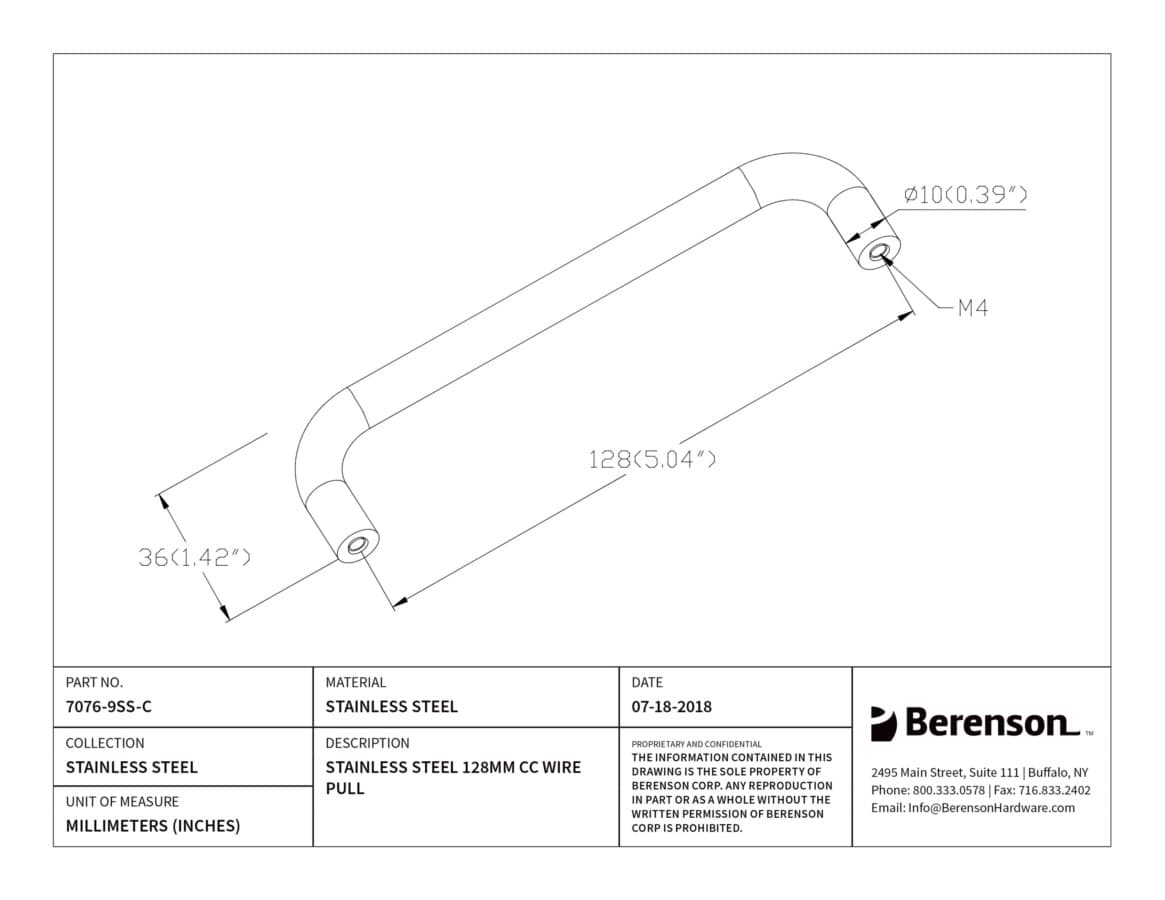 Berenson Stainless Steel 5-1/16" (128 mm) Center to Center Stainless Steel Pull, 7076-9SS-C