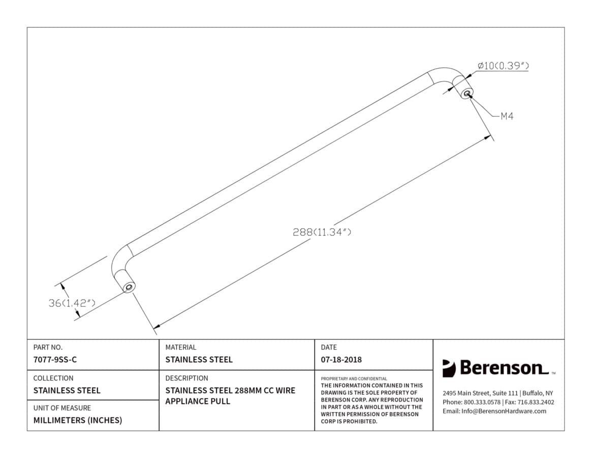 Berenson Stainless Steel 11-5/16" (287 mm) Center to Center Stainless Steel Pull, 7077-9SS-C