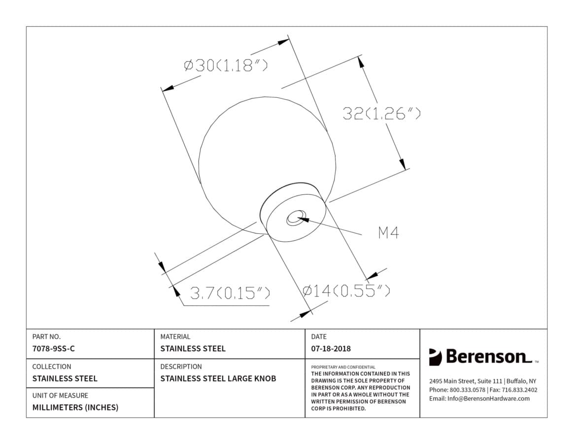 Berenson Stainless Steel Stainless Steel 1-3/16" (30 mm) Diameter Knob, 7078-9SS-C