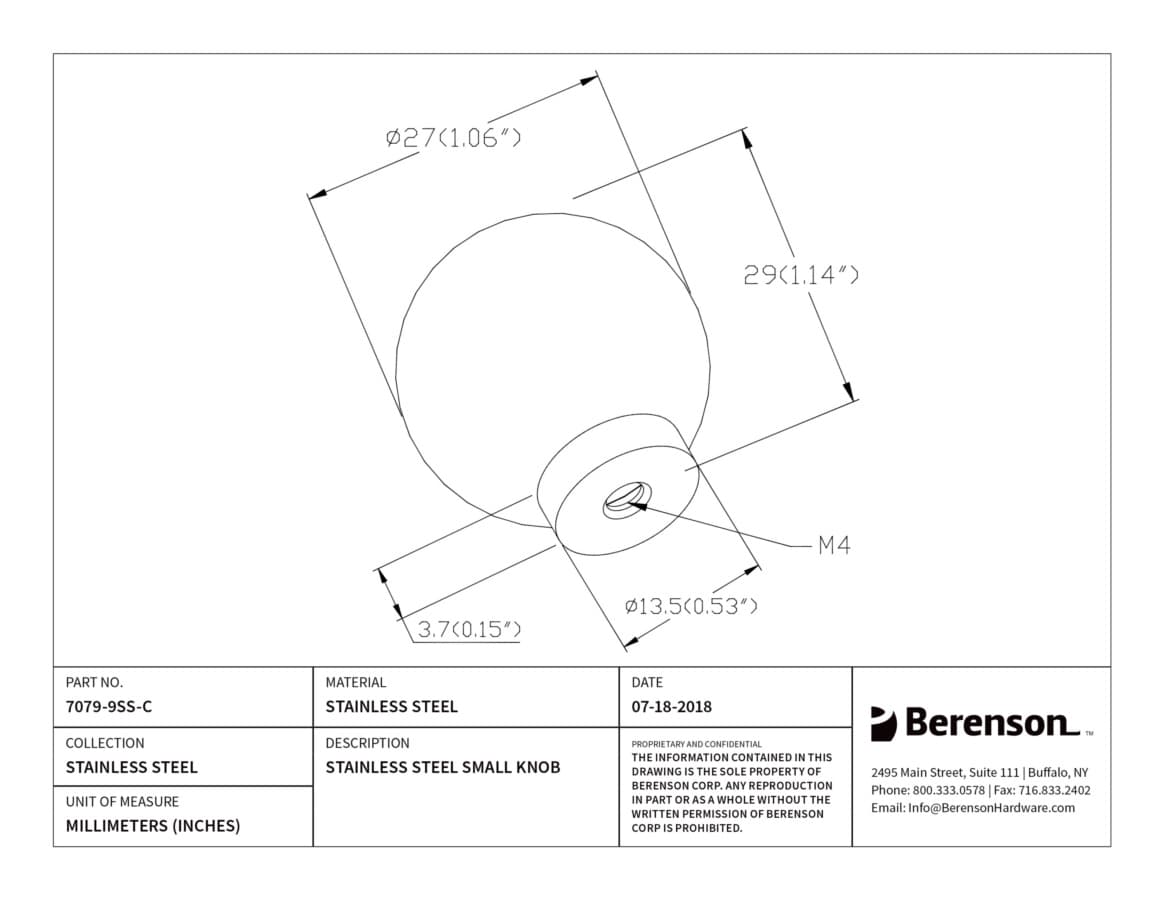 Berenson Stainless Steel Stainless Steel 1" (25 mm) Diameter Knob, 7079-9SS-C